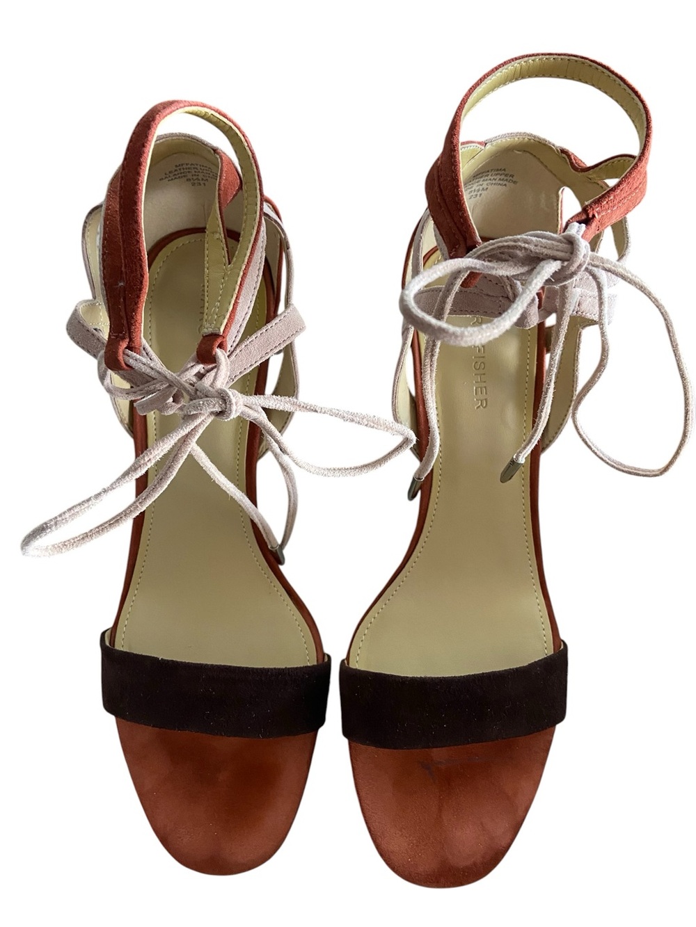 Marc Fisher Suede Two-Tone Lace-Up Block Heel Sandals - Rust & Blush - Picture 2 of 13